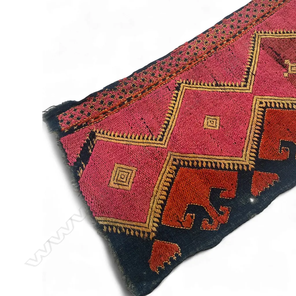 Textile band - cotton/silk embroidery,- Uzbek - black ground - pink and orange decoration. 189 x 17.5cm Image 1++